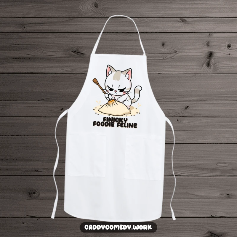 Funny apron featuring a cat meticulously raking a sand trap, ideal for kitchen focus and cat lovers.