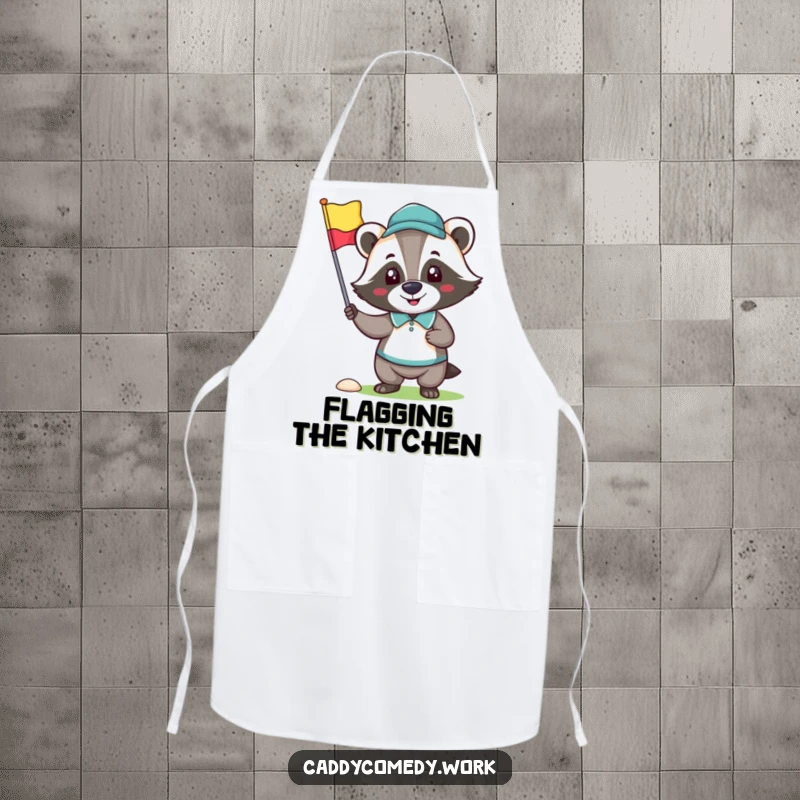 Funny apron showing a happy badger character holding a golf flag, ready for kitchen celebrations.
