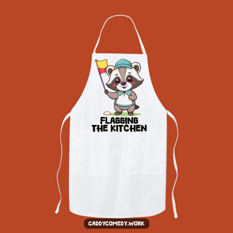 Funny Badger Golfer Apron: Happy Character Holding Golf Flag Fun
