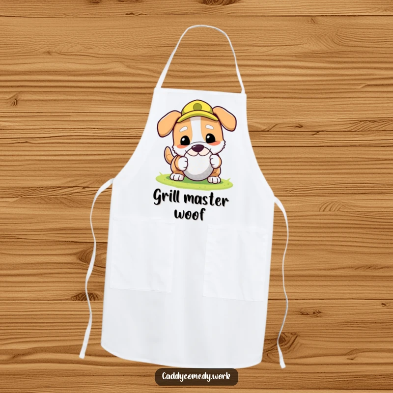 Funny apron featuring a dog rolling a golf ball with its nose, ideal for kitchen fun and dog lovers.