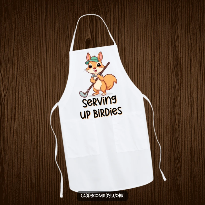 Funny apron print of a cute squirrel caddying a giant golf club, ideal for kitchen fun and golf fans.