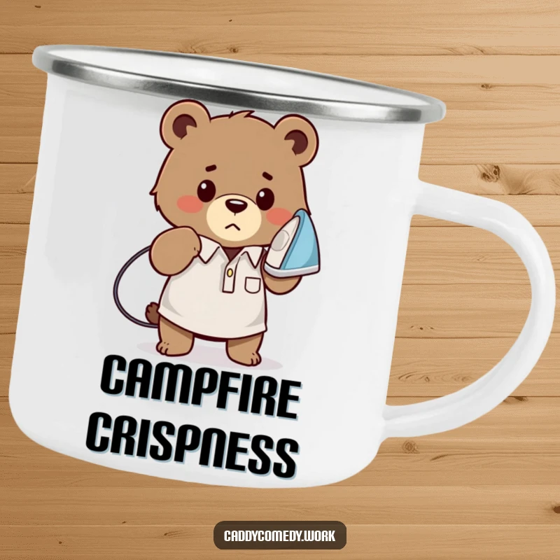 Funny bear golfer camping mug with a determined bear ironing a golf shirt, durable and humorous for outdoor fun, a funny gift.