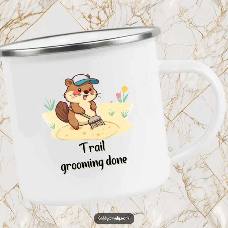 Funny camping mug of a diligent beaver character raking a sand trap, embodying hard work outdoors.