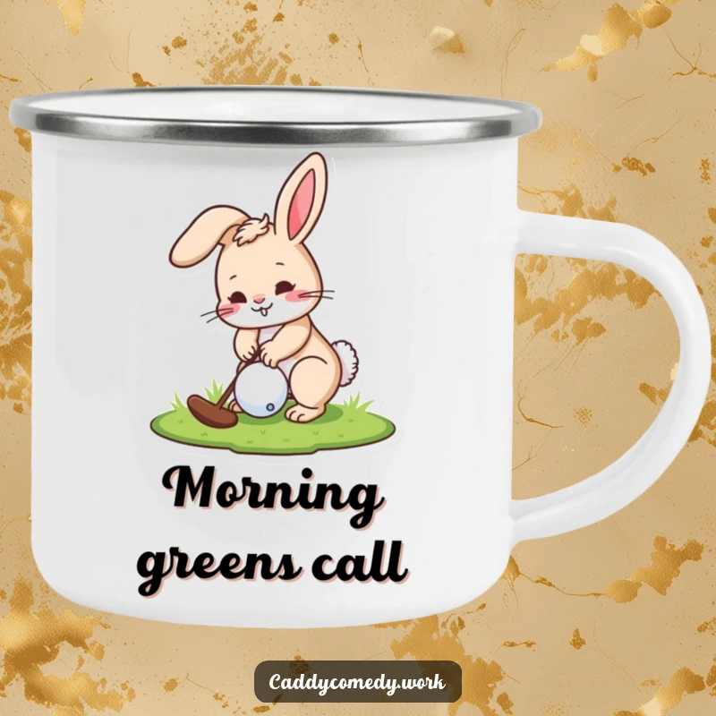 Funny camping mug of a playful rabbit golfer concentrating on putting a golf ball during an outdoor trip.