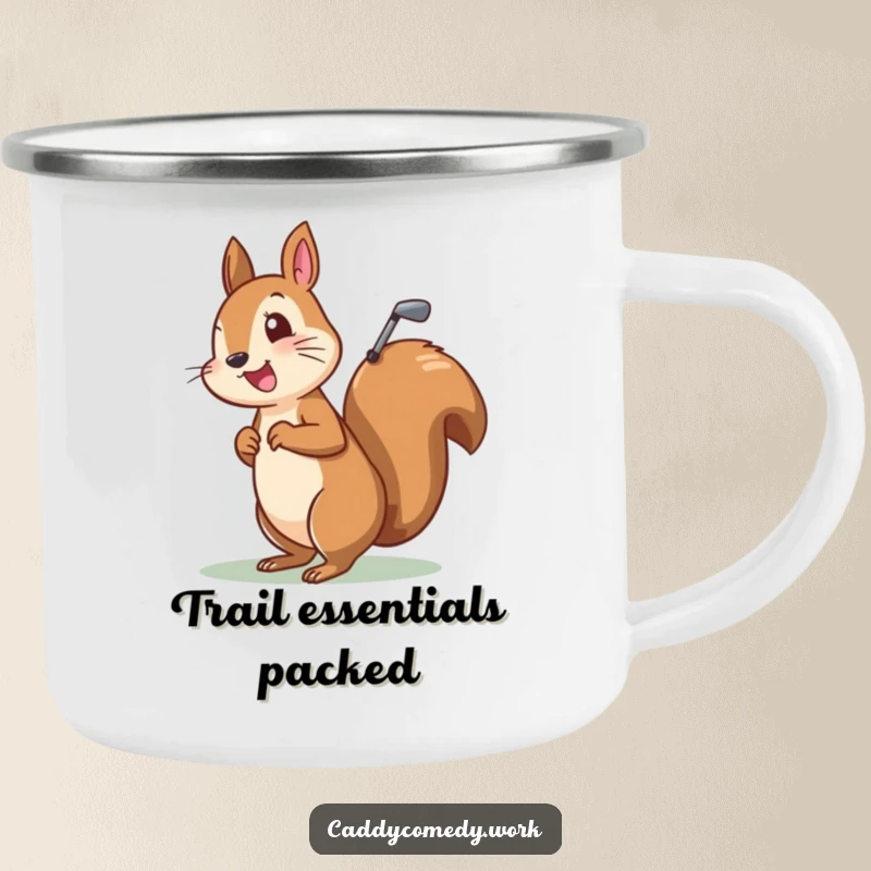 Funny camping mug of a cheerful squirrel character carrying a golf bag, ready for an outdoor golf adventure.