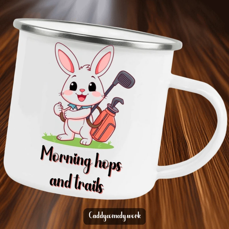 Funny camping mug with a cheerful rabbit carrying a golf bag, perfect for outdoor enthusiasts and coffee lovers.
