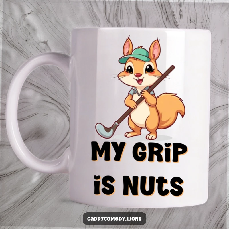 Funny squirrel caddying a massive golf club, looking determined and cute, perfect for golf lovers, a unique funny gift.