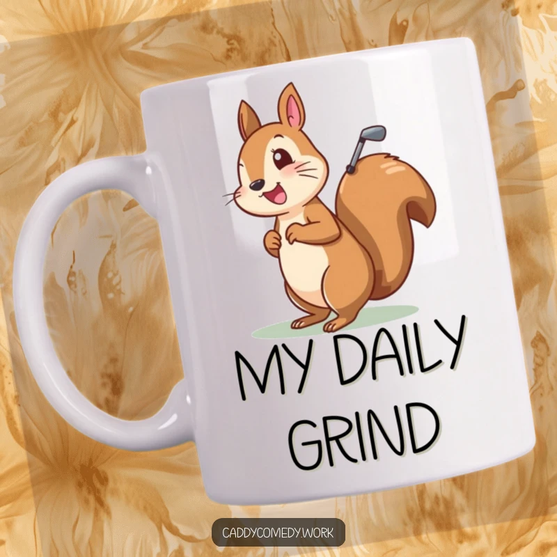 Funny mug showing a cheerful squirrel golfer character with a golf bag on its back, looking excited for a game.
