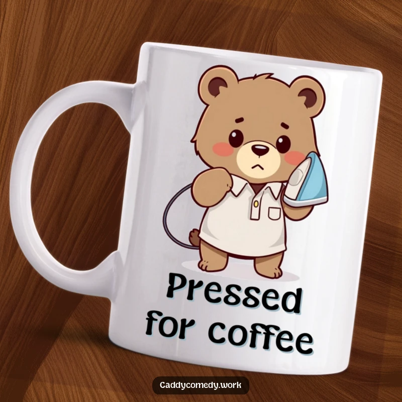 Funny bear golfer mug showing a cute, determined bear ironing a golf shirt with a tiny iron, a humorous gift.