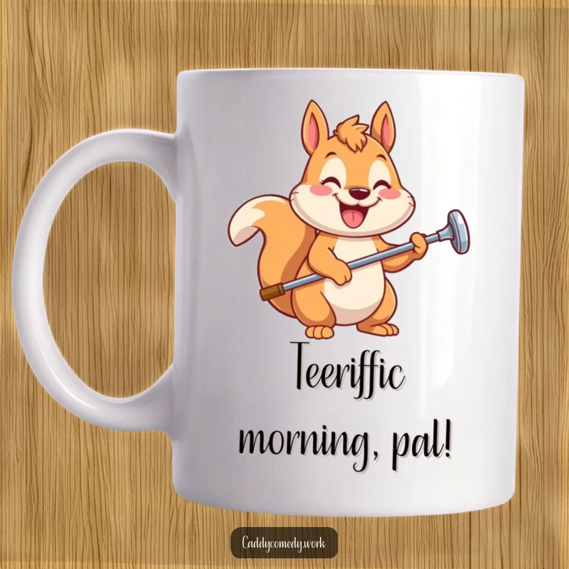 Funny squirrel golfer mug featuring a happy, stylized squirrel offering a golf club with a wide grin, perfect for a laugh gift.
