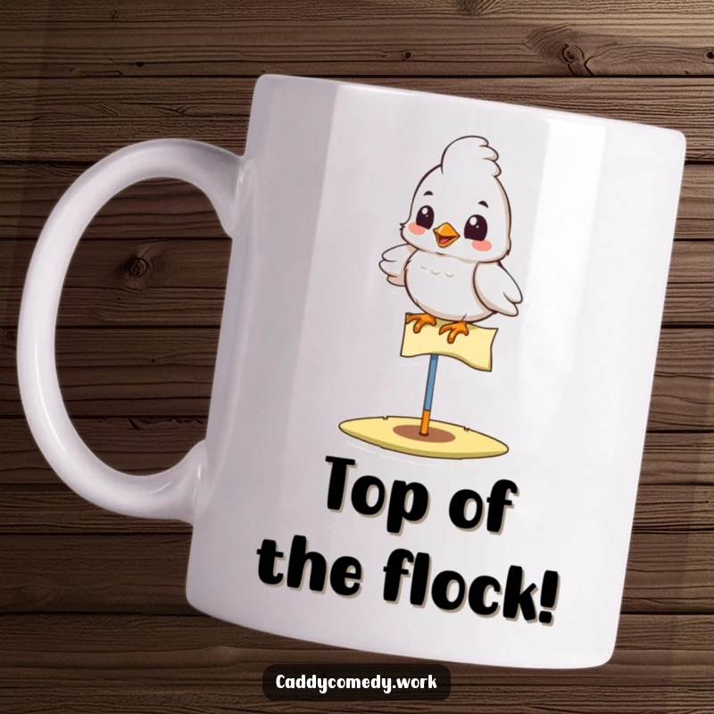 Funny bird golfer mug featuring a cheerful bird perched proudly on a golf flag, a delightful and humorous gift.