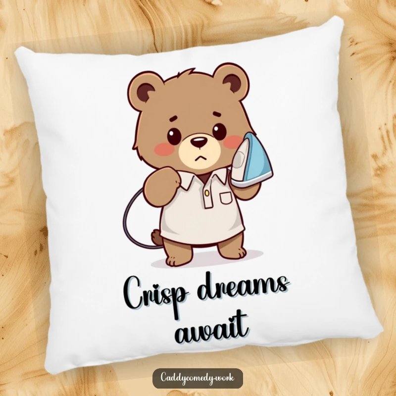 Funny bear golfer pillow featuring a determined bear ironing a golf shirt, soft, cozy, and humorous, a funny gift.