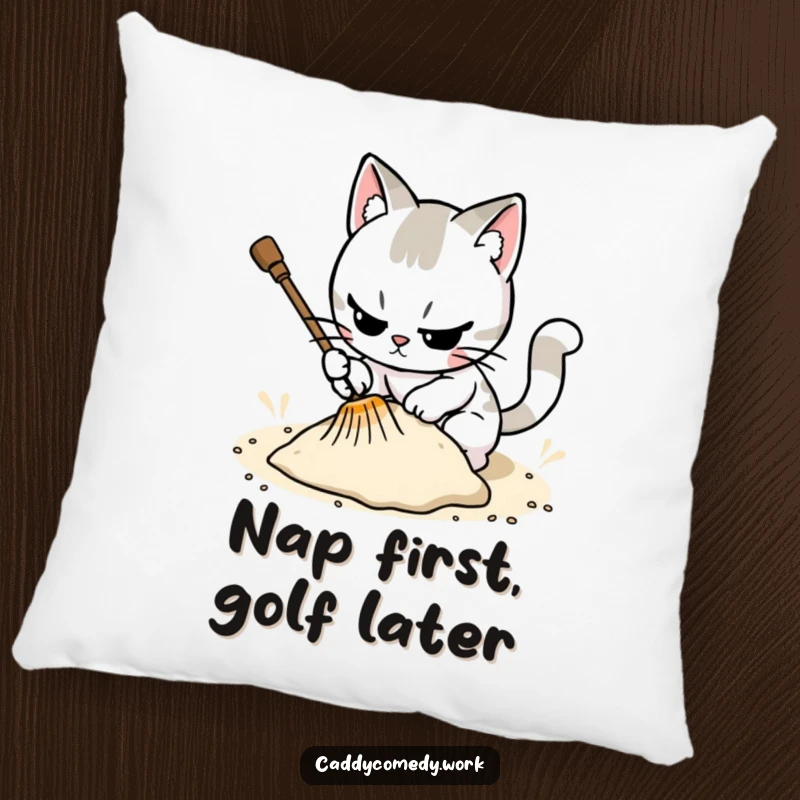 Funny, soft pillow featuring a cat character meticulously raking a sand trap, adding focused decor.