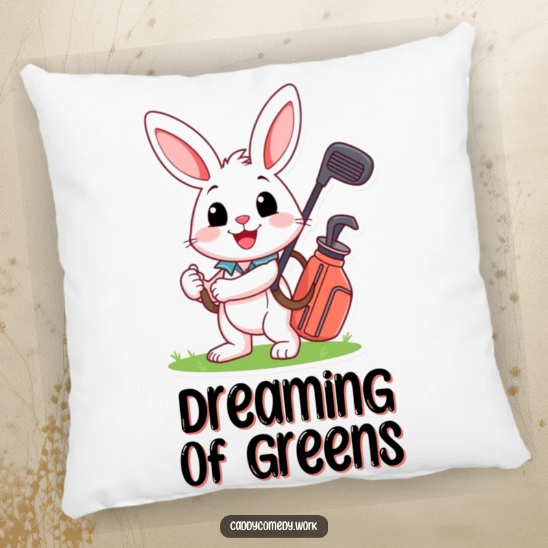 Funny, soft pillow featuring a happy rabbit carrying a golf bag, perfect for adding cheerful decor.