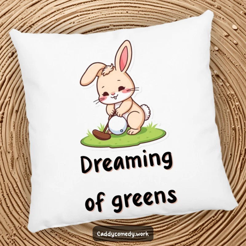 Funny pillow featuring a playful rabbit golfer character focused on putting, perfect for adding humor to a room.