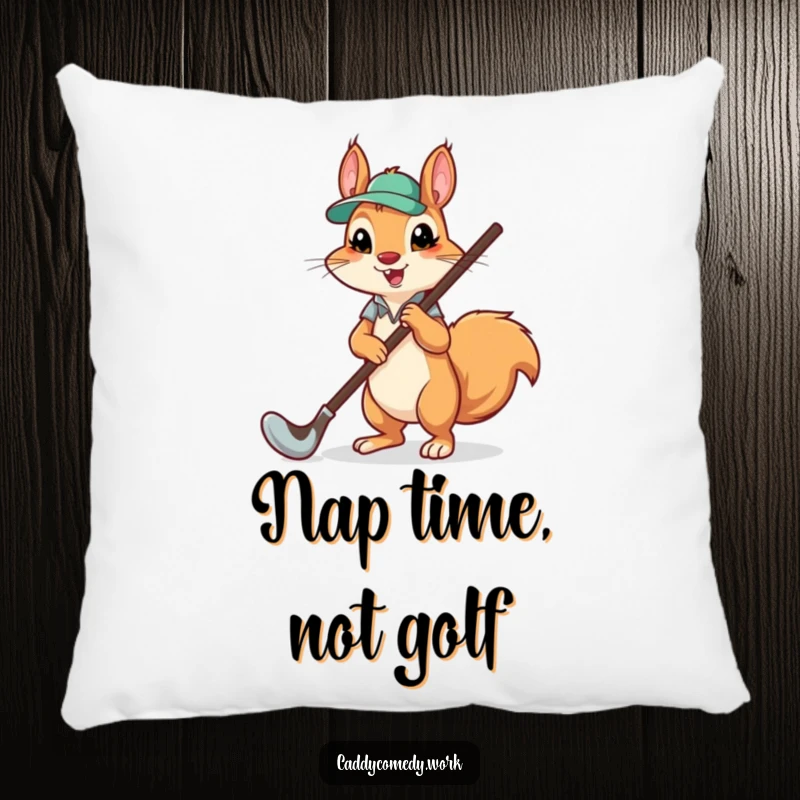 Funny, soft pillow with a cute squirrel character caddying a gigantic golf club, adding humor to home decor.