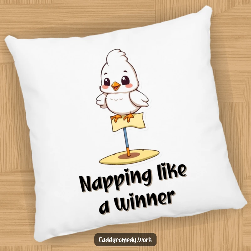 Funny bird golfer pillow featuring a proud bird on a golf flag, soft, cozy, and humorous for funny gift.