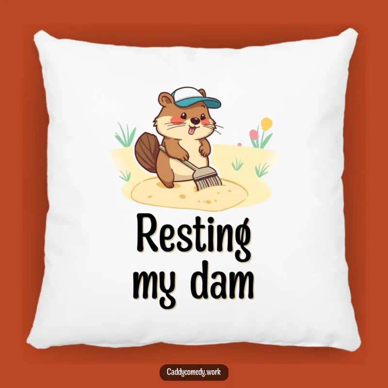 Funny Beaver Golfer Pillow: Diligent Character Raking Sand Trap Accent
