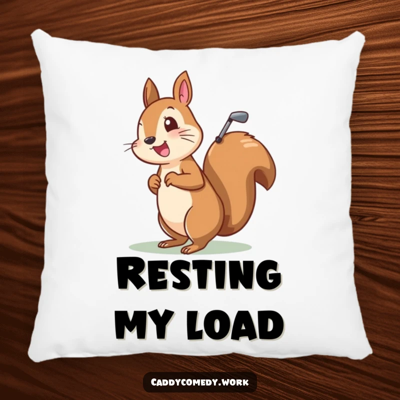 Funny pillow featuring a cheerful squirrel character carrying a golf bag, bringing a humorous touch to home decor.