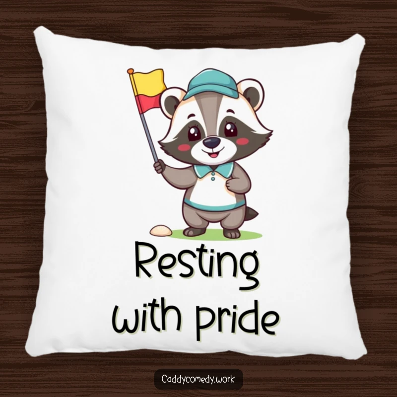Funny pillow featuring a happy badger golfer character holding a golf flag, perfect for cozy, humorous decor.