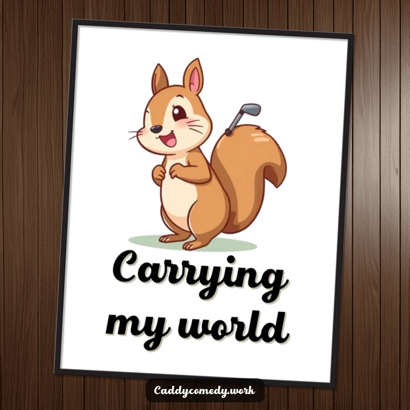 Funny digital art print of a cheerful squirrel character with a golf bag, ready for a playful game of golf.