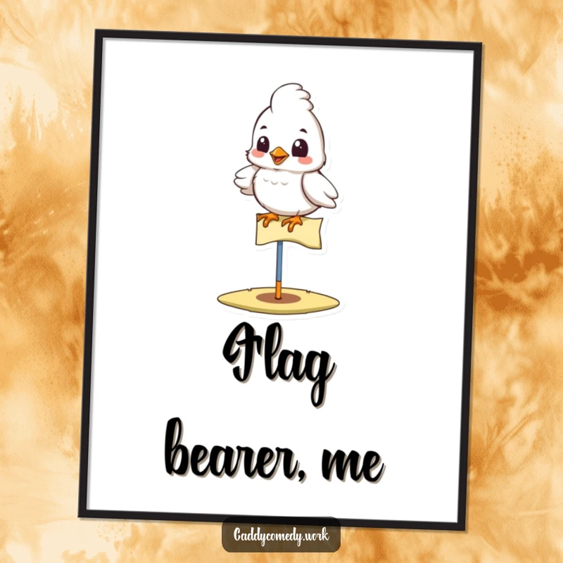 Funny bird golfer digital art print of a proud bird on a golf flag, cheerful and humorous wall decor, a funny gift.