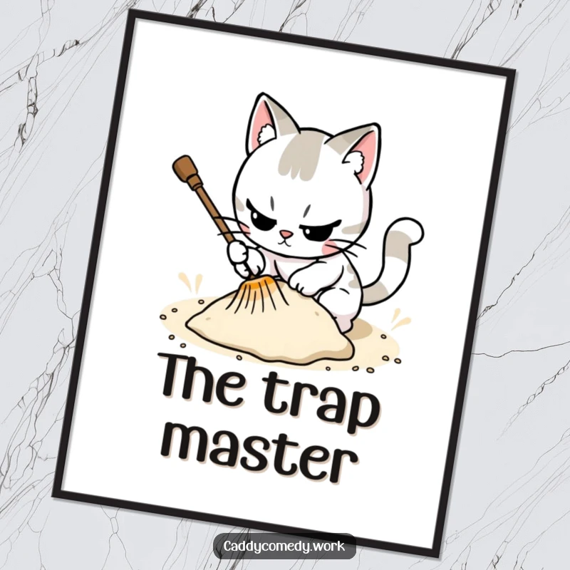 Funny cat meticulously raking a sand trap, high-resolution digital art print for focused wall decor.