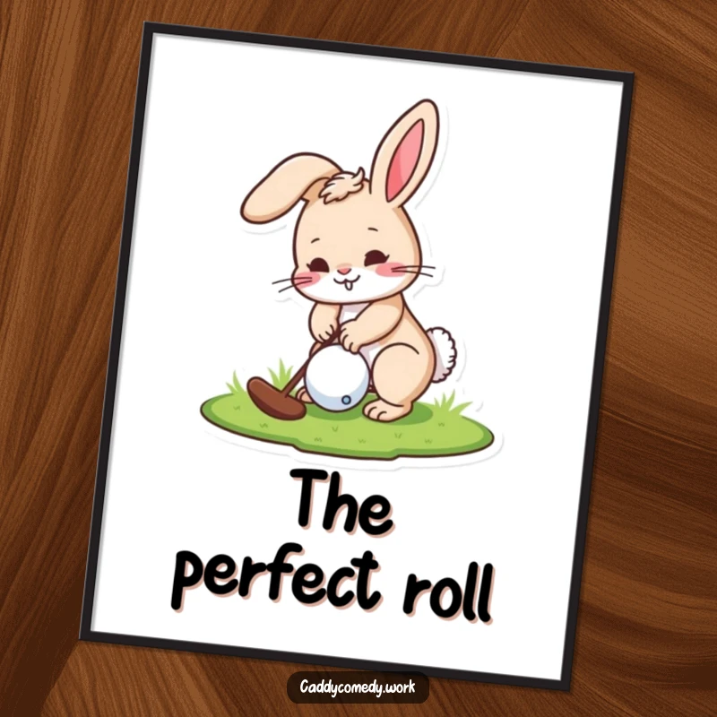 Funny digital art print of a playful rabbit character intently putting a golf ball, ideal for humorous decor.