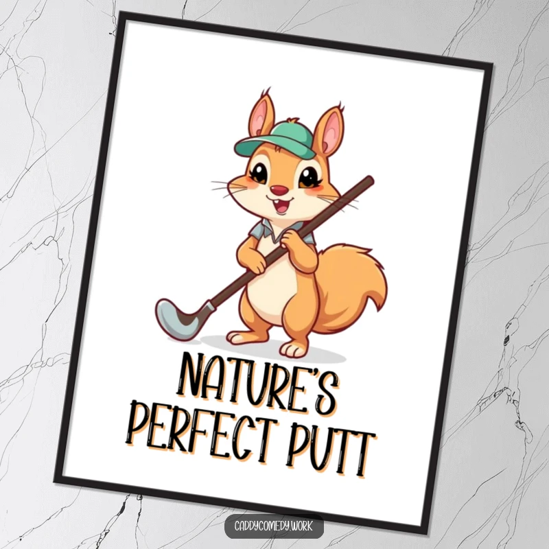 Funny squirrel caddying a giant golf club, high-resolution digital art print for humorous wall decor.