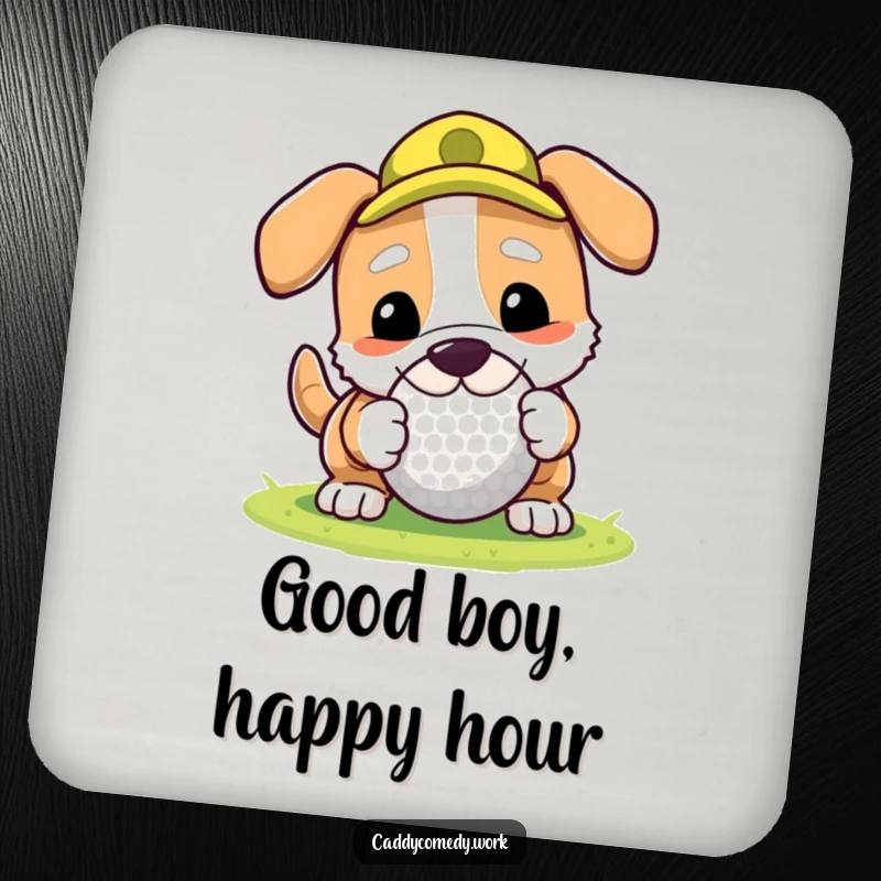 Funny dog rolling a golf ball with its nose on a drink coaster, a playful way to protect surfaces.