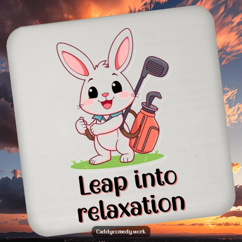 Funny rabbit carrying a golf bag on a drink coaster, a cheerful way to protect surfaces.