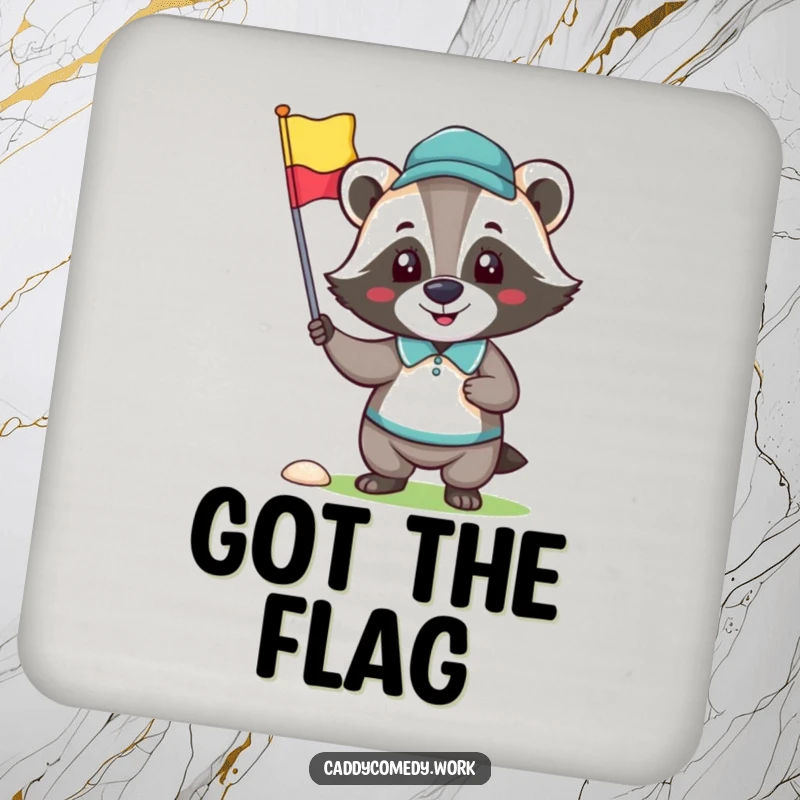 Funny drink coaster showing a happy badger golfer character holding a golf flag, protecting tables with joy.
