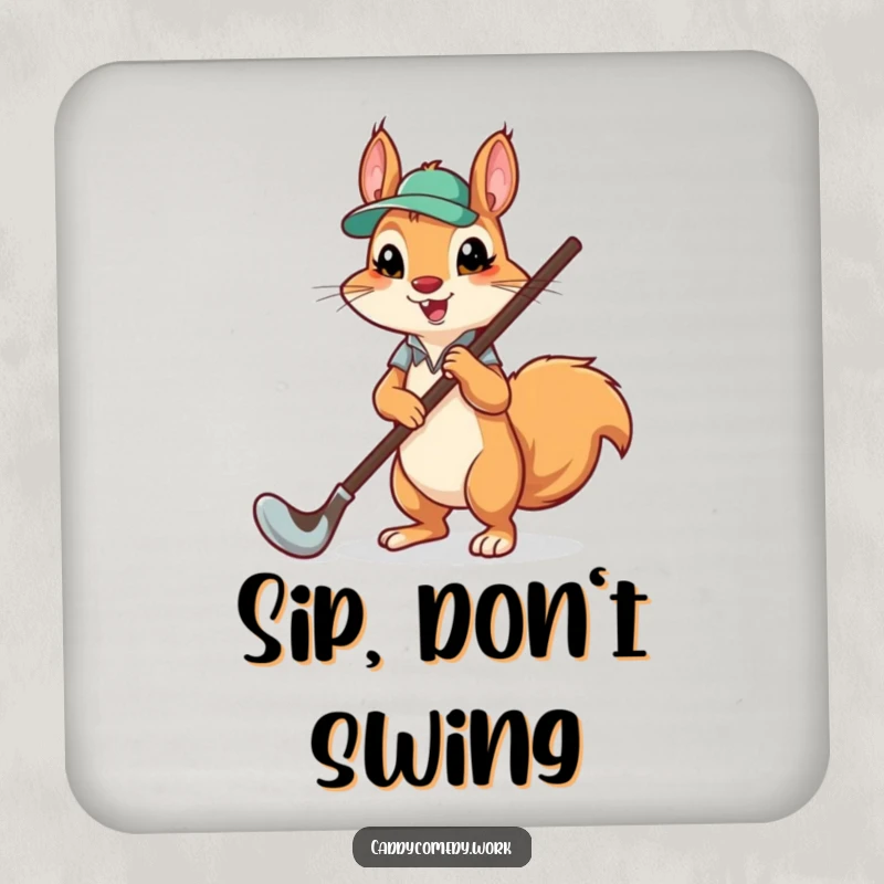 Funny squirrel caddying a golf club on a drink coaster, a humorous way to protect surfaces.