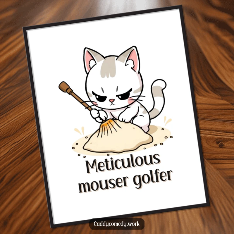Funny cat golfer art print, showing a cat meticulously raking a sand trap with intense focus and humor.