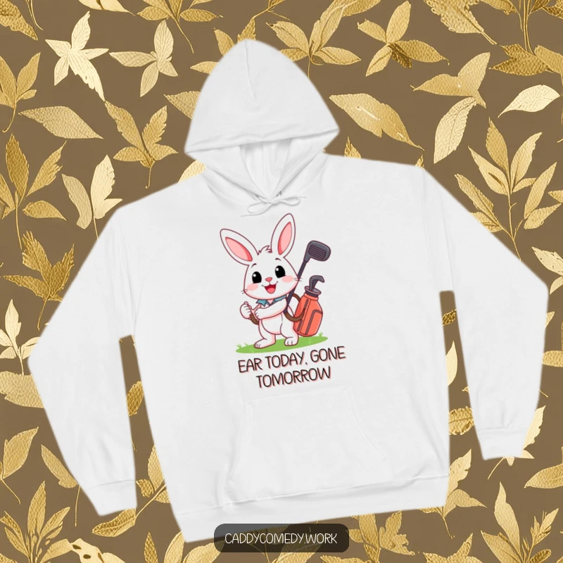 Funny, warm hoodie featuring a smiling rabbit carrying a golf bag, bringing cheer to cold days.