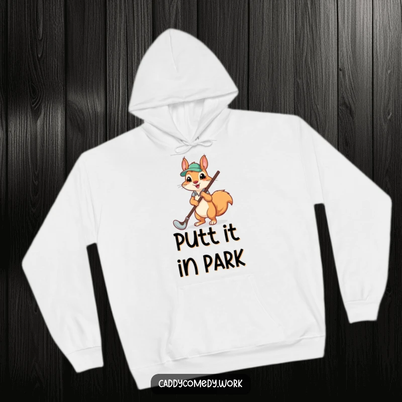 Funny hooded sweatshirt print of a cute squirrel caddying a very large golf club, perfect for cozying up.