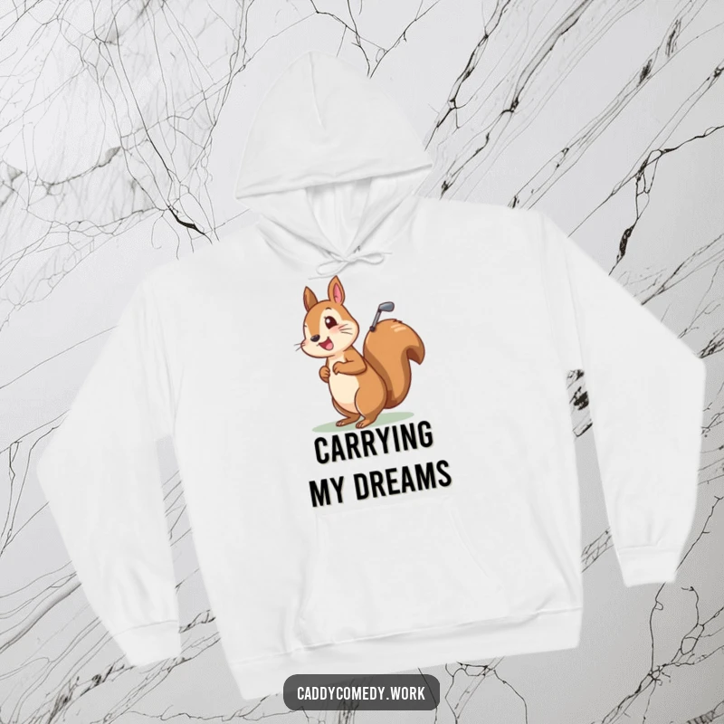 Funny hoodie showcasing a cheerful squirrel character carrying a golf bag, embodying the spirit of a golf enthusiast.