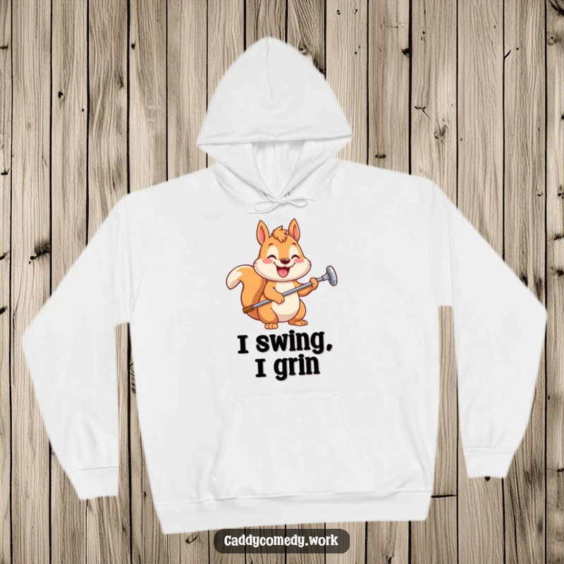 Funny squirrel golfer hoodie featuring a smiling, stylized squirrel with a golf club, perfect apparel for a humorous gift.