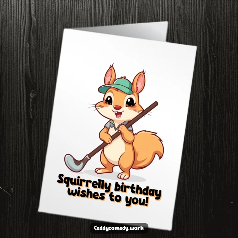 Funny Free Printable Birthday Card: Cute squirrel caddying a massive golf club, ready for your golfer's special day.