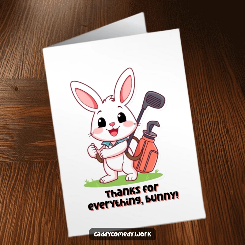 Funny Free Printable Thank You Card: Cheerful rabbit with a golf bag, expressing thanks for a great game.