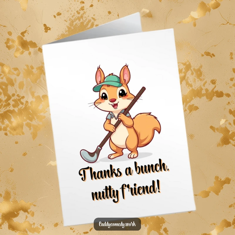 Funny Free Printable Thank You Card: Squirrel with a giant golf club, saying thanks for a great game, print now.