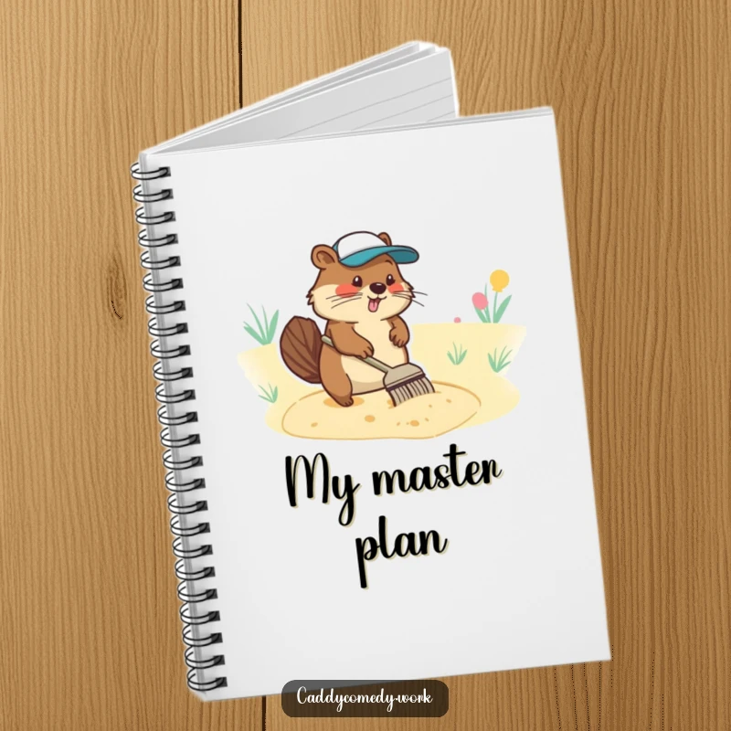 Funny notebook with a diligent beaver character raking a sand trap, perfect for focused note-taking.