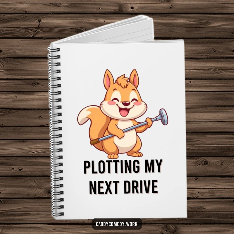 Funny squirrel golfer notebook featuring a smiling squirrel with a golf club, ideal for jotting notes with humor, a funny gift.