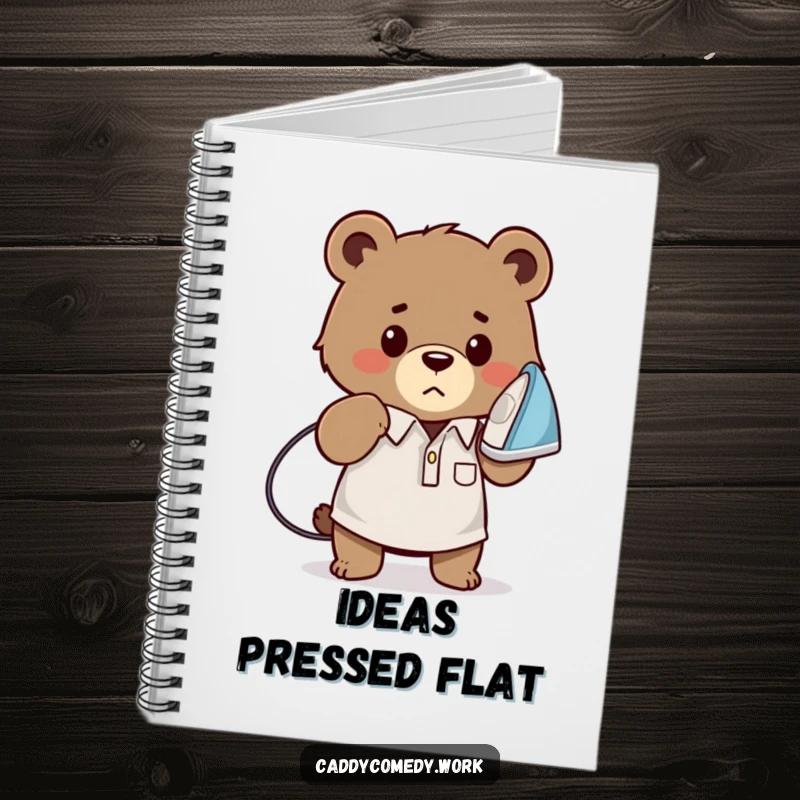 Funny bear golfer notebook featuring a determined bear ironing a golf shirt, ideal for notes and planning with humor, a funny gift.