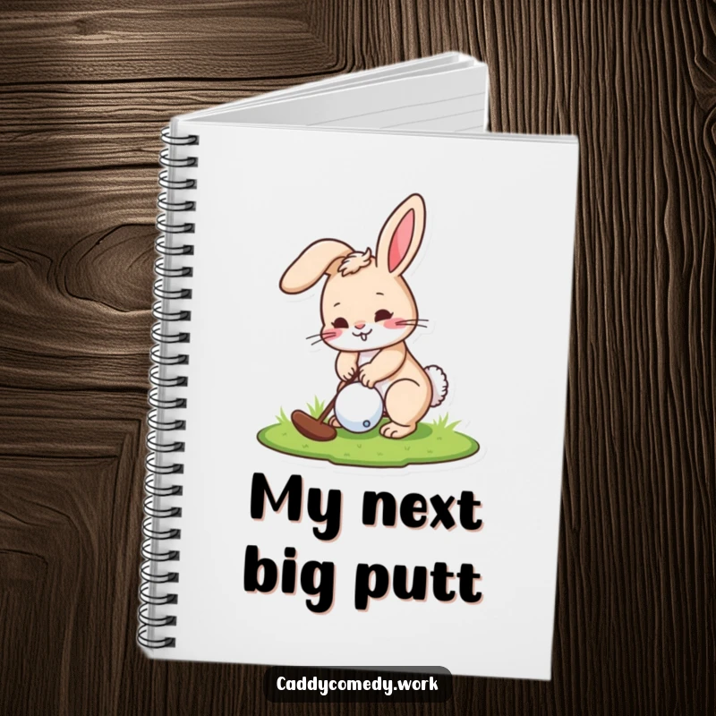 Funny notebook featuring a playful rabbit golfer character meticulously putting a golf ball, suitable for notes.