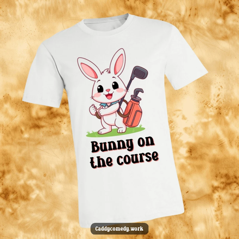 Funny rabbit golfer on a t-shirt, happily carrying a golf bag, conveying pure joy and humor.