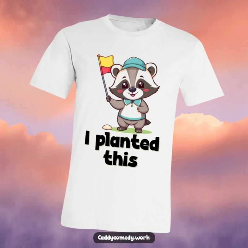 Funny t-shirt depicting a happy badger character triumphantly holding a golf flag after a successful hole.
