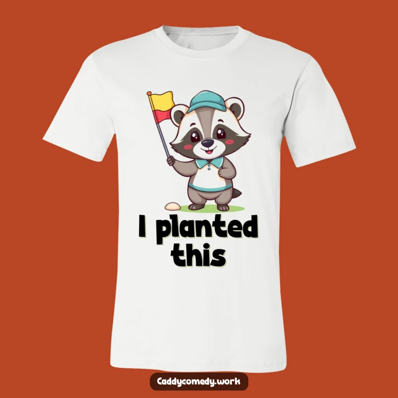 Funny Badger Golfer T-Shirt: Happy Character Holding Golf Flag Tee