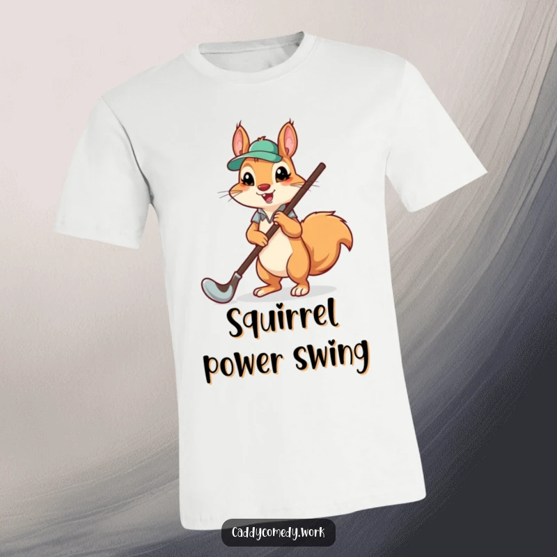 Funny squirrel character caddying a giant golf club, showing off a humorous golfing moment, ideal for t-shirt graphics.