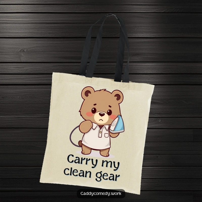 Funny bear golfer tote bag with a determined bear ironing a golf shirt, practical and humorous, a funny gift.